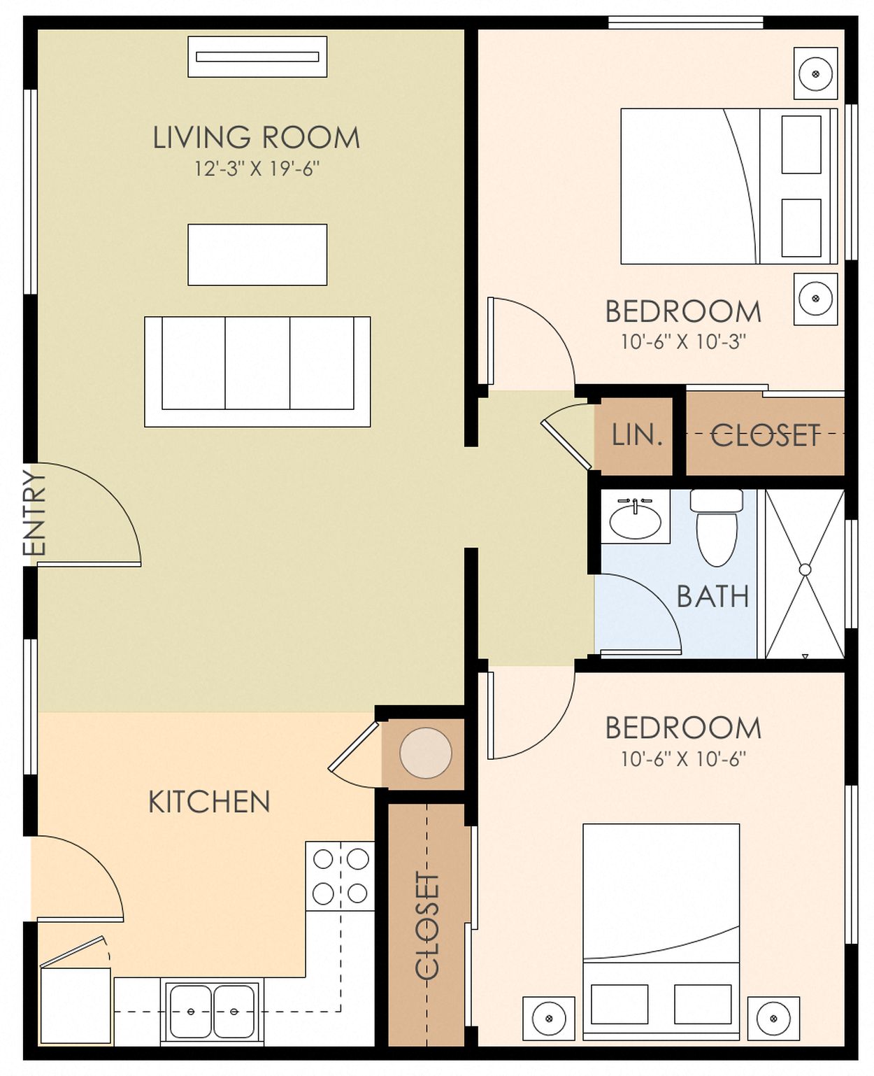 Floor plan for 2 beds, 1 bath, 683 sqft